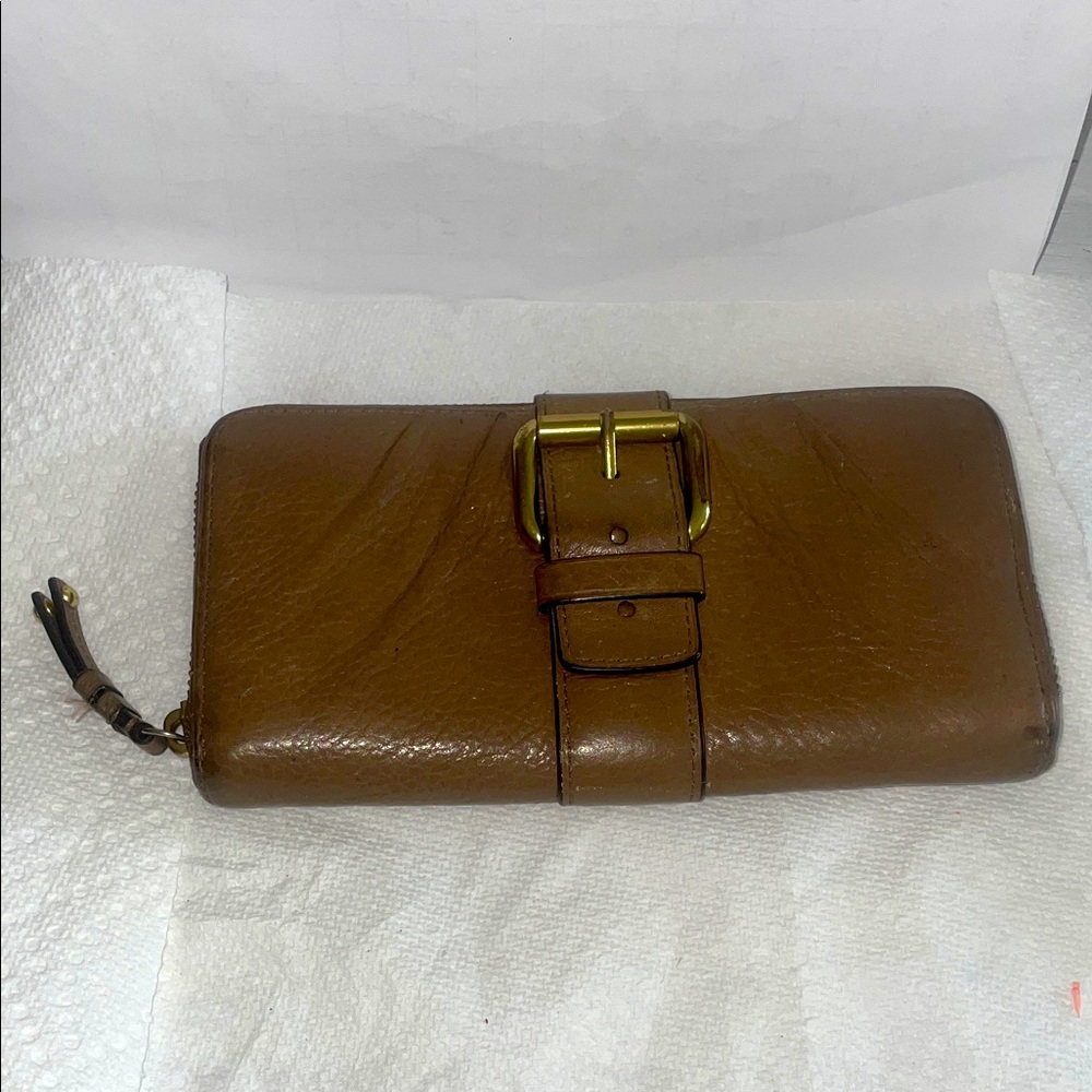 Brown Leather Women's Wallet coach zip top buckle front folded leather